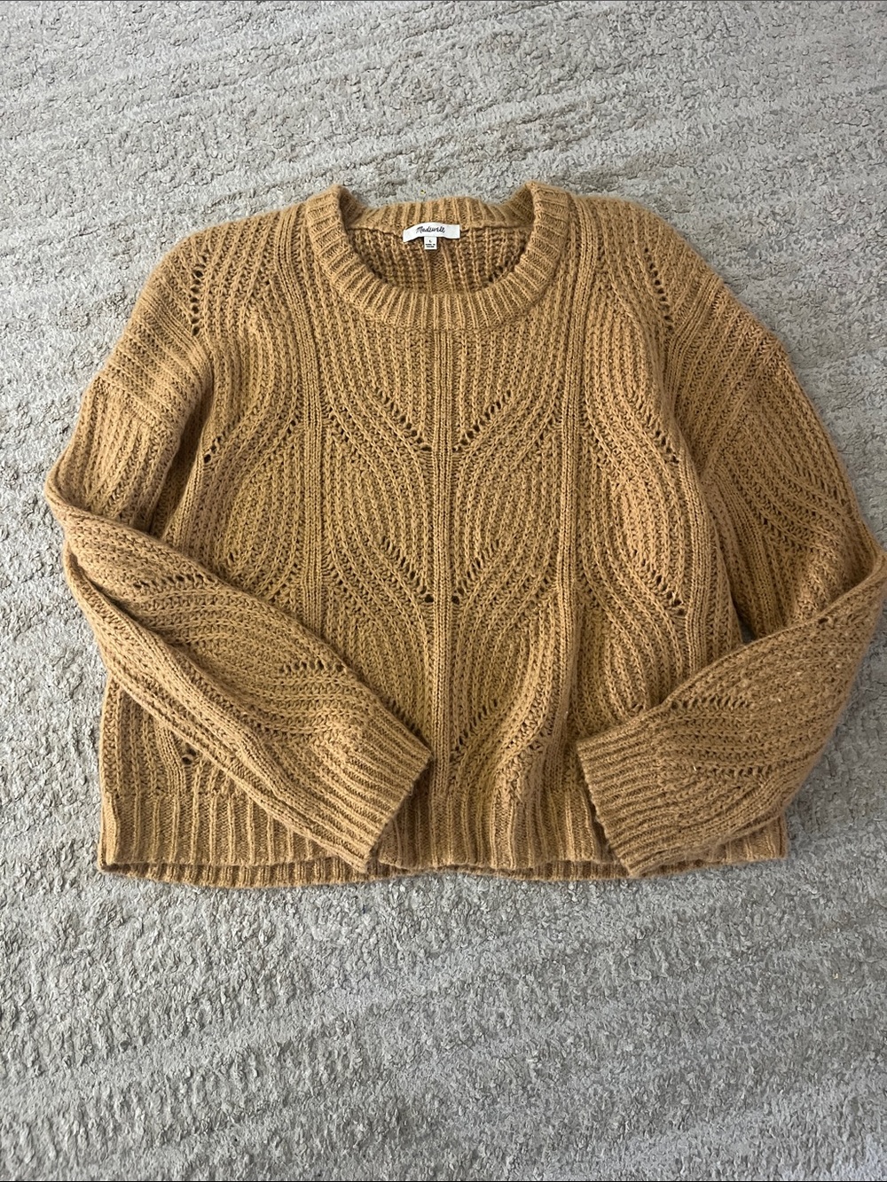 Madewell Charley Alpaca Blend Cozy Cable Knit Crewneck Camel Sweater Large - Picture 3 of 9